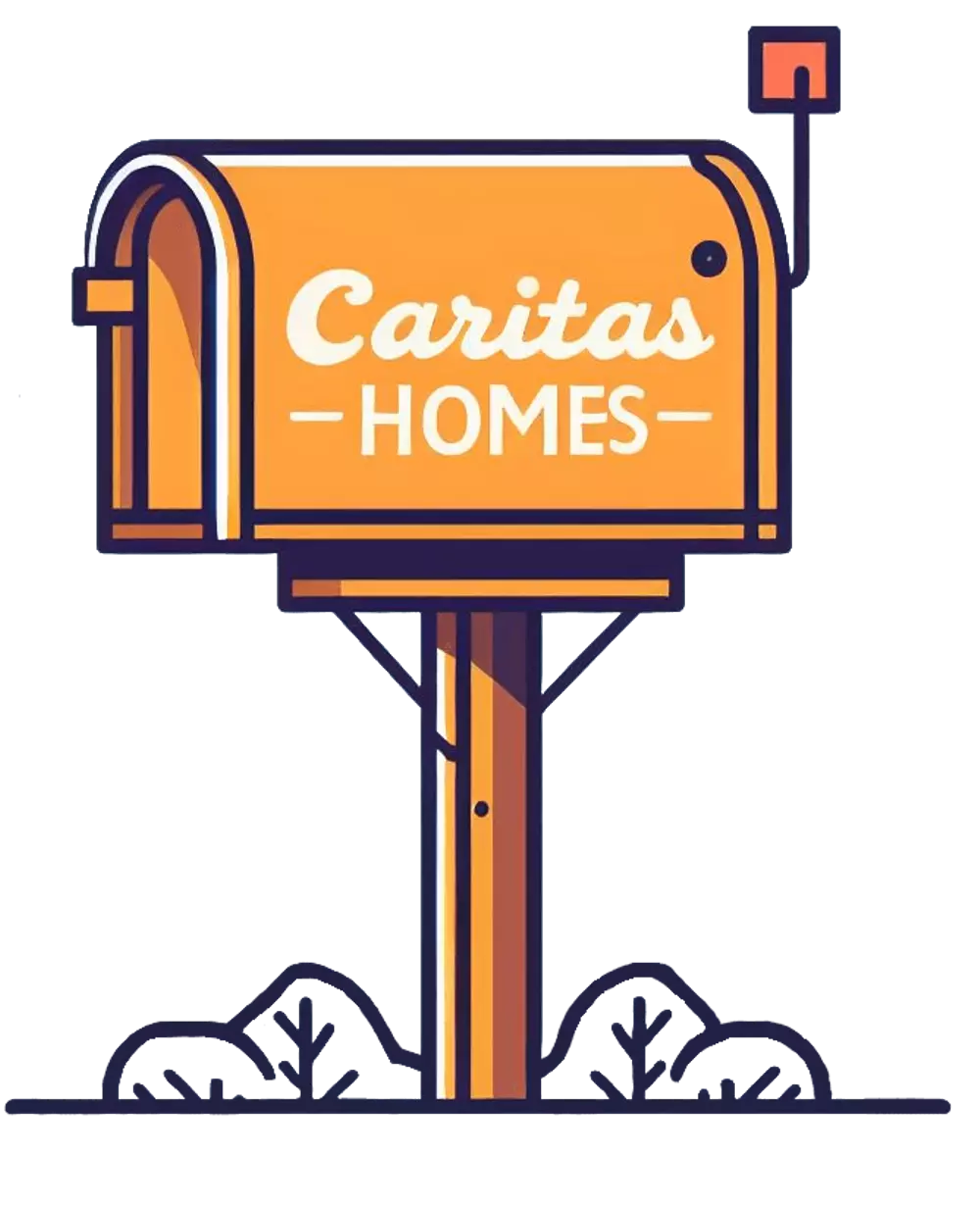 orange mailbox with caritas homes written on it